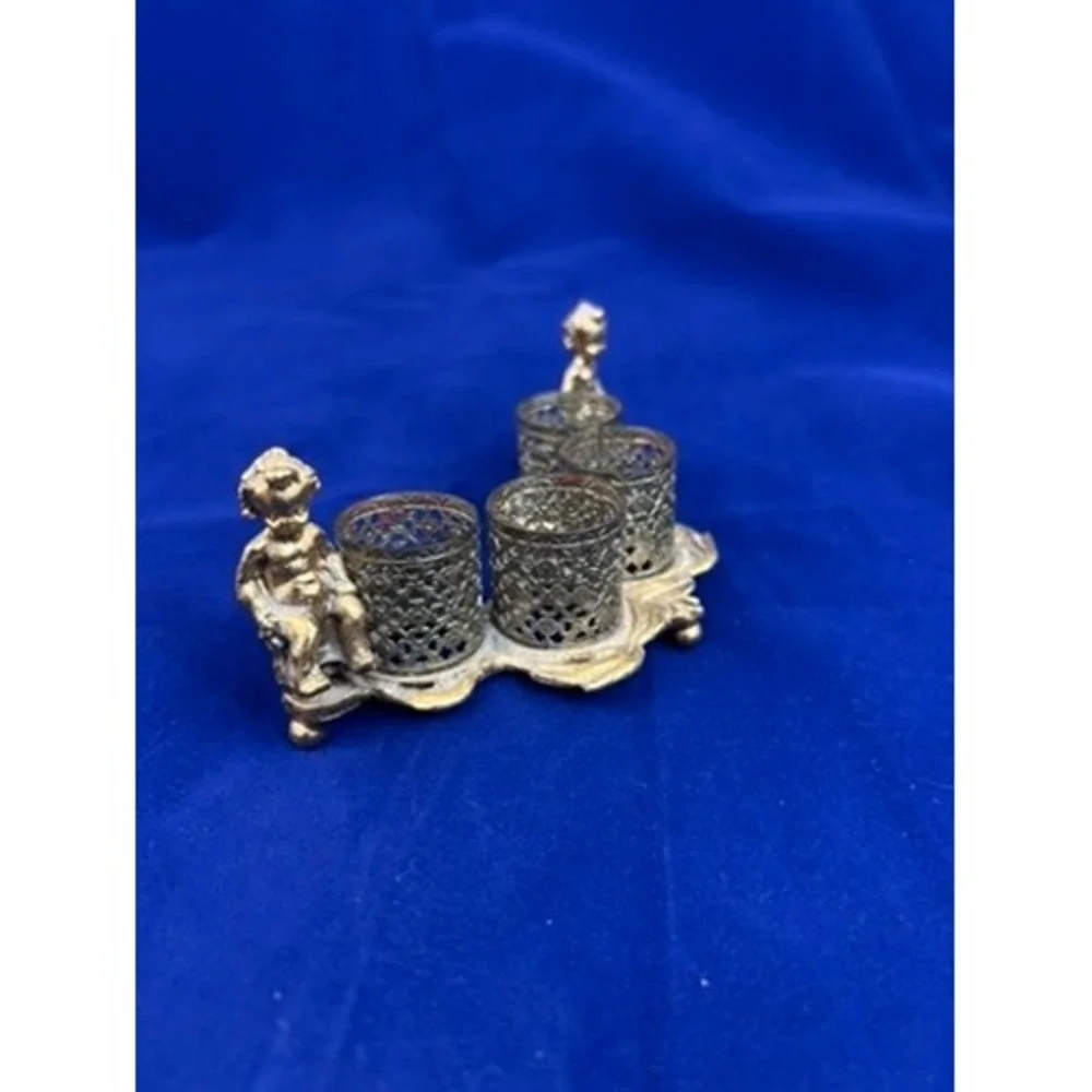 1940s Vintage Gold Tone Lipstick Holder Figural Vanity Organizer Boudoir Decor
